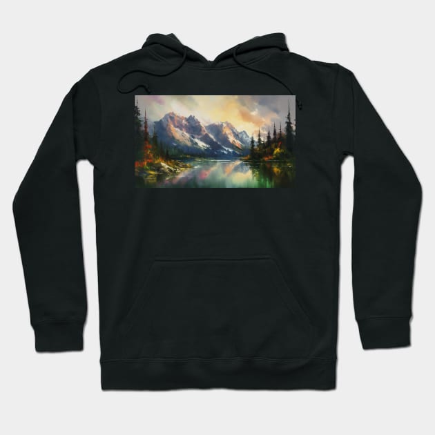 Majestic Peaks and Serene Lakes: A Vibrant Mountain Landscape Oil Painting #1 Hoodie by AntielARt